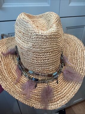 Natural Straw Fedora Hat with Mauve Feather & Bead Trim